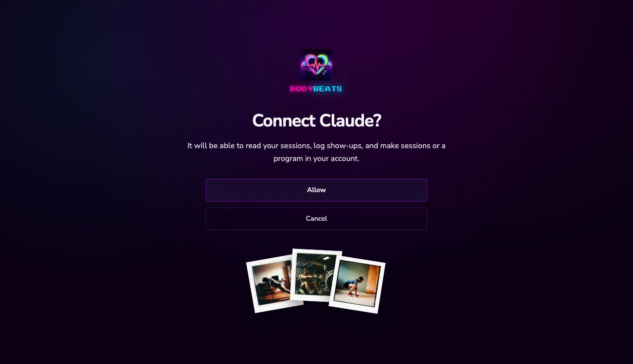 A Body Beats sign-in style page asking Connect Claude? with Allow and Cancel.