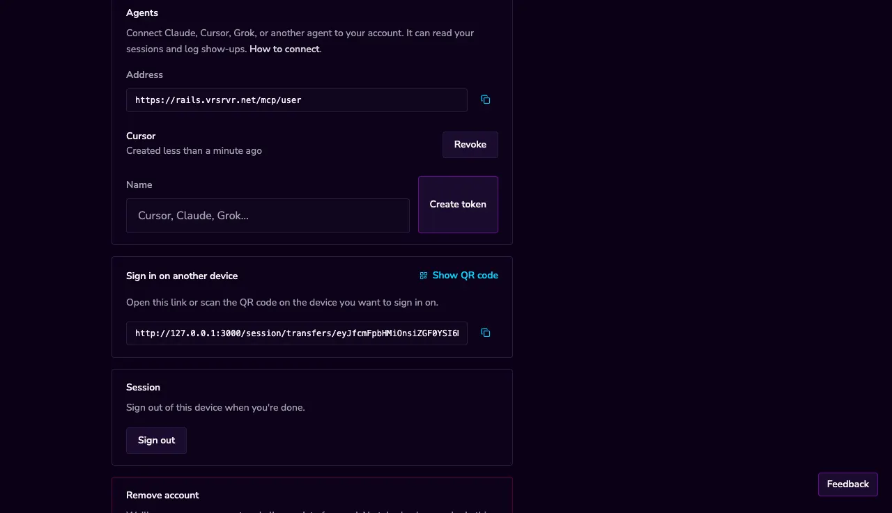 The Agents card on Account, with the MCP address, a named token, and a Create token form.