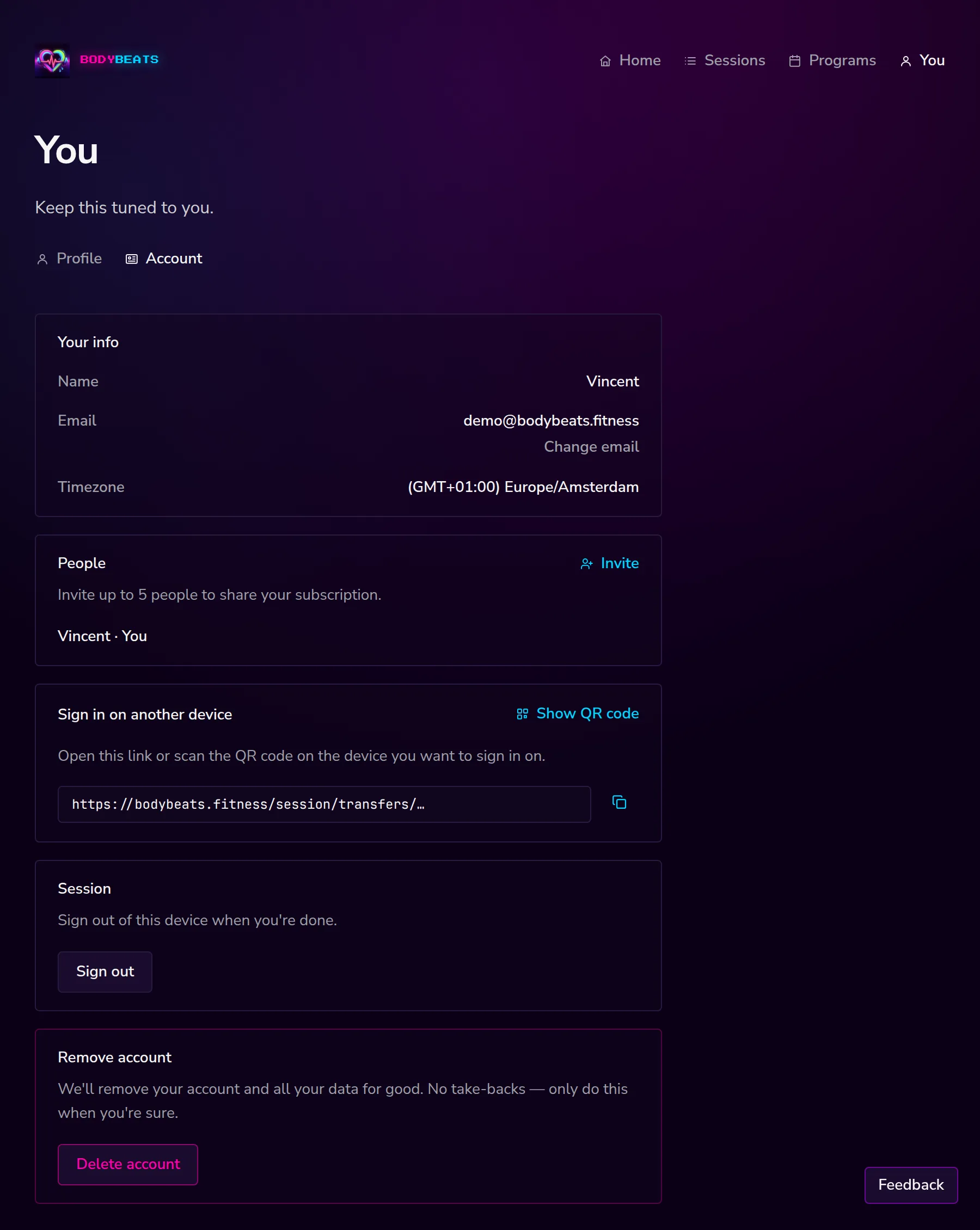 The Account tab with sections for Your info, Pricing, People, Sign in on another device, Session and Remove account.
