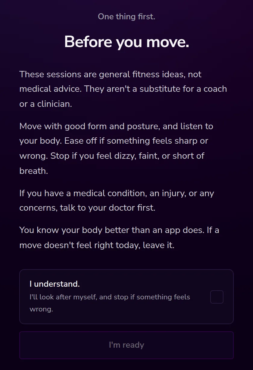 The Before you move screen with a health note and an I understand checkbox.