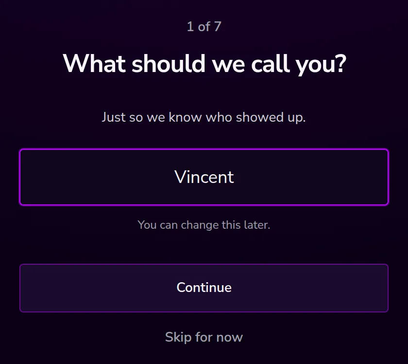 Onboarding step one, a single name field.