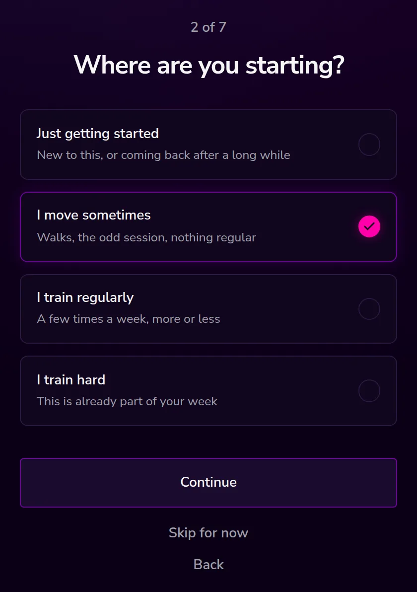 Onboarding step two, four starting points from Just getting started to I train hard.