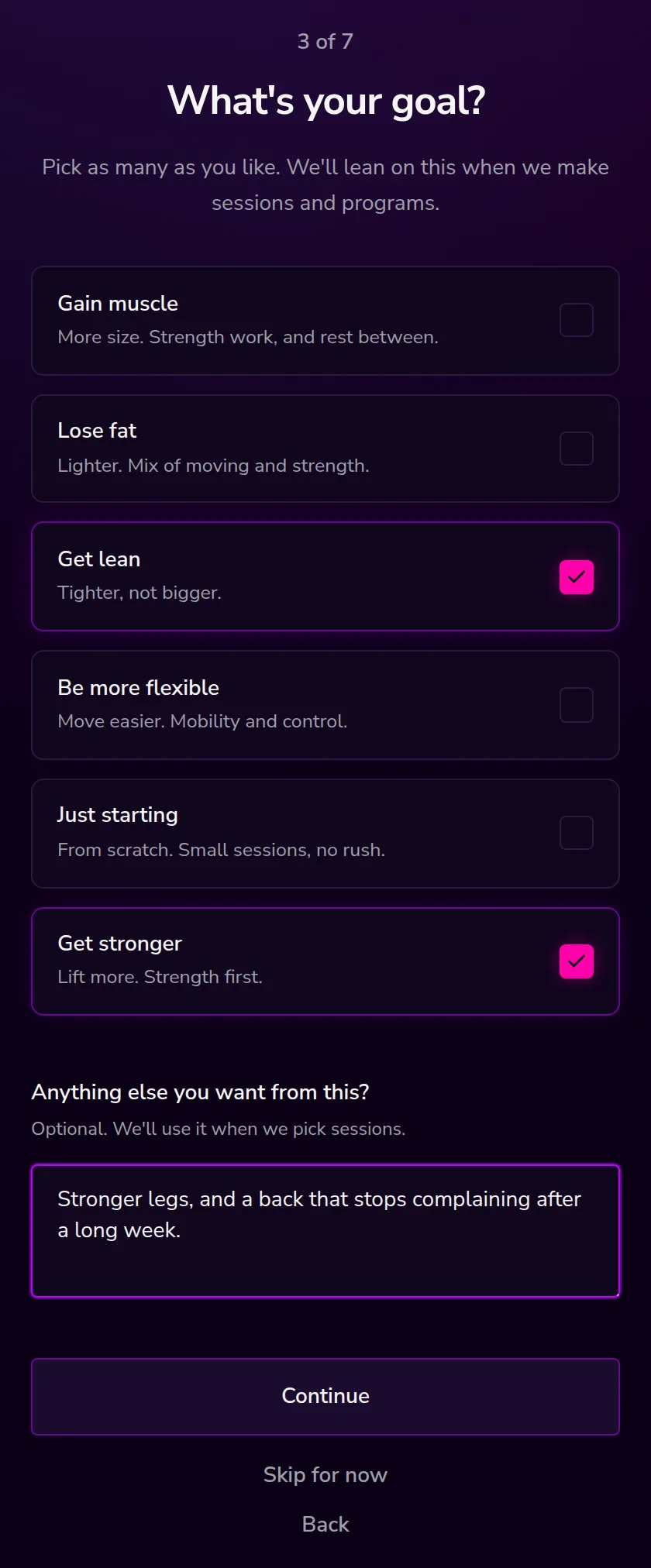 Onboarding step three, six goals plus a free text field.