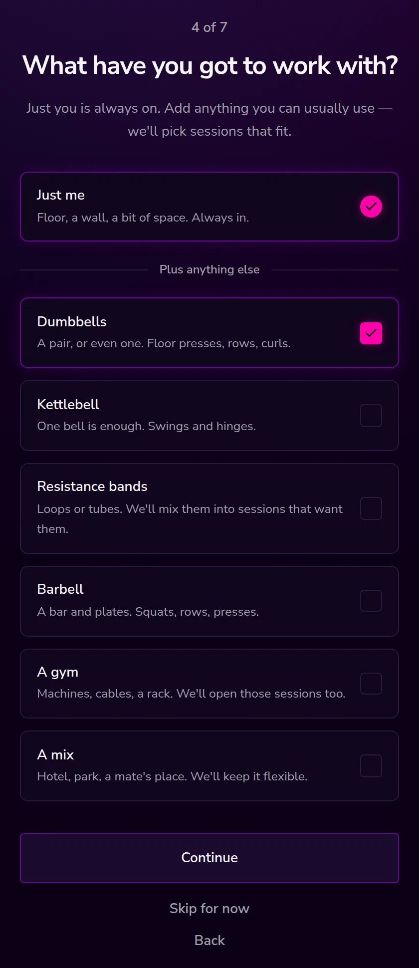 Onboarding step four, equipment options with Just me locked on.
