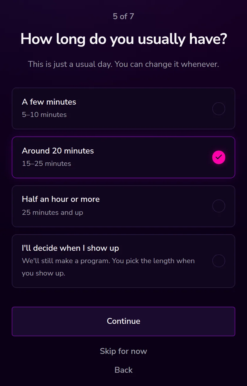 Onboarding step five, four session lengths.