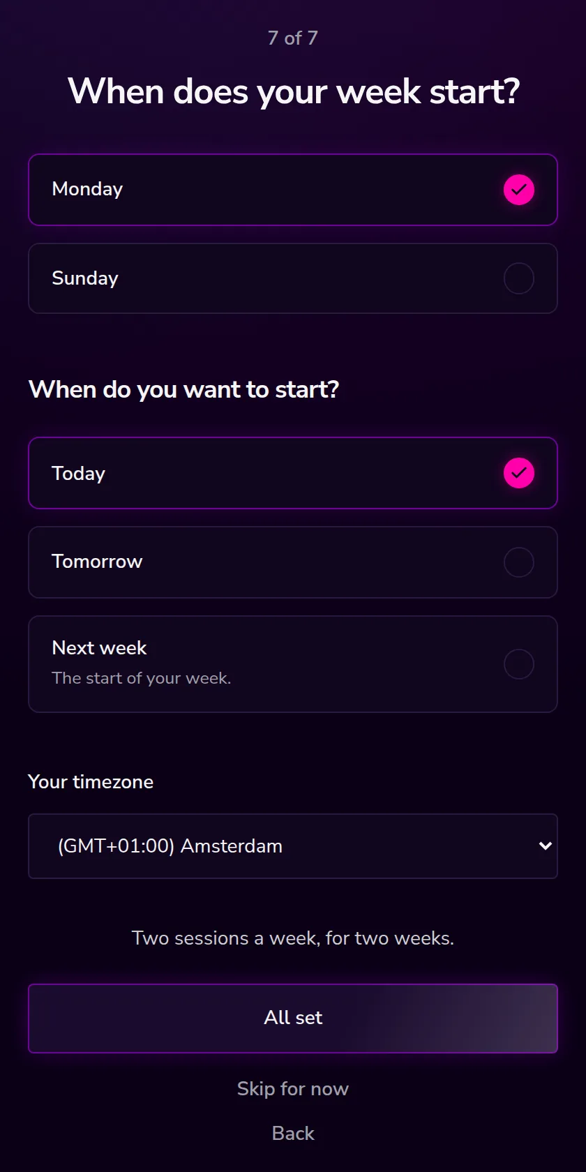 Onboarding step seven, week start, program start and timezone.