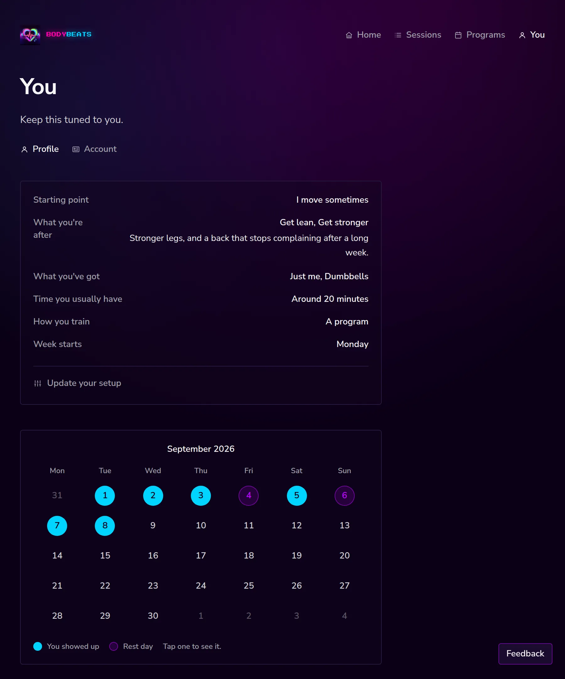 The Profile tab showing a setup summary and a month calendar with blue and purple days.
