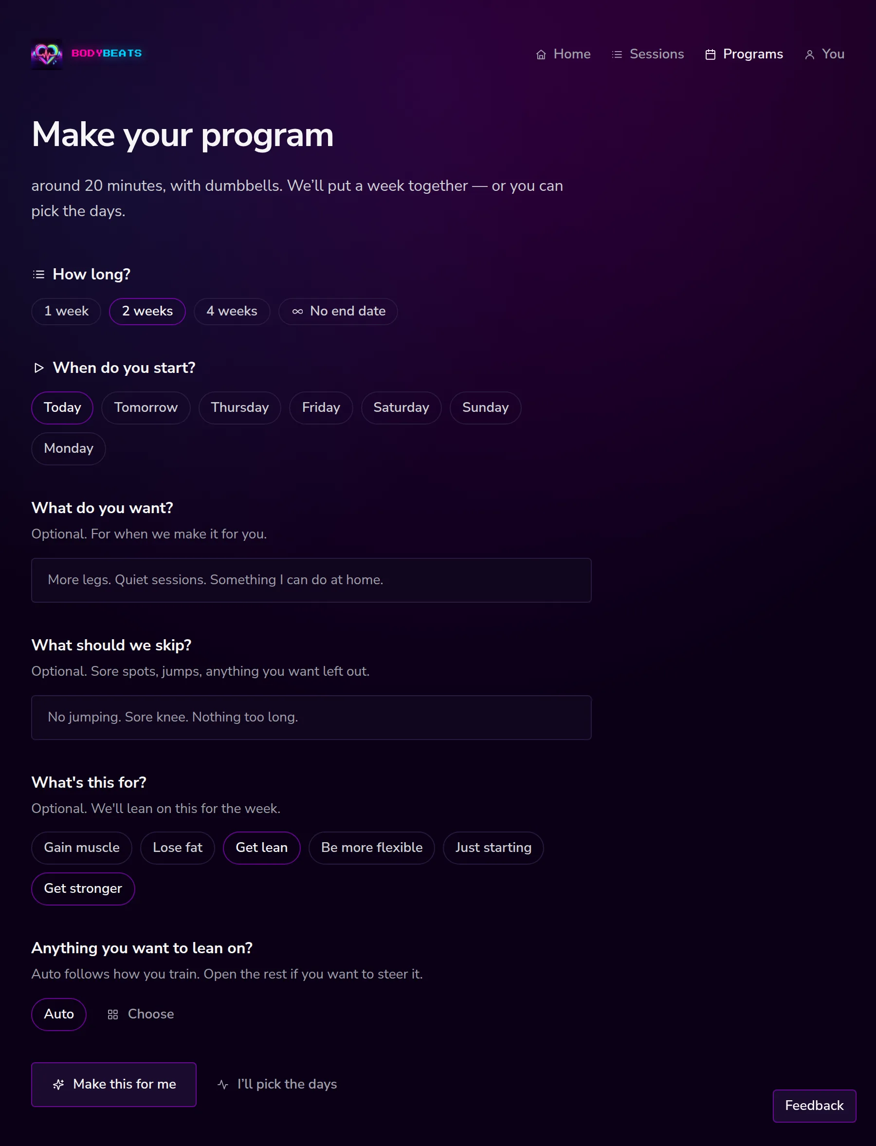 The Make your program builder with length, start day, wants, things to skip, goals and focus options.
