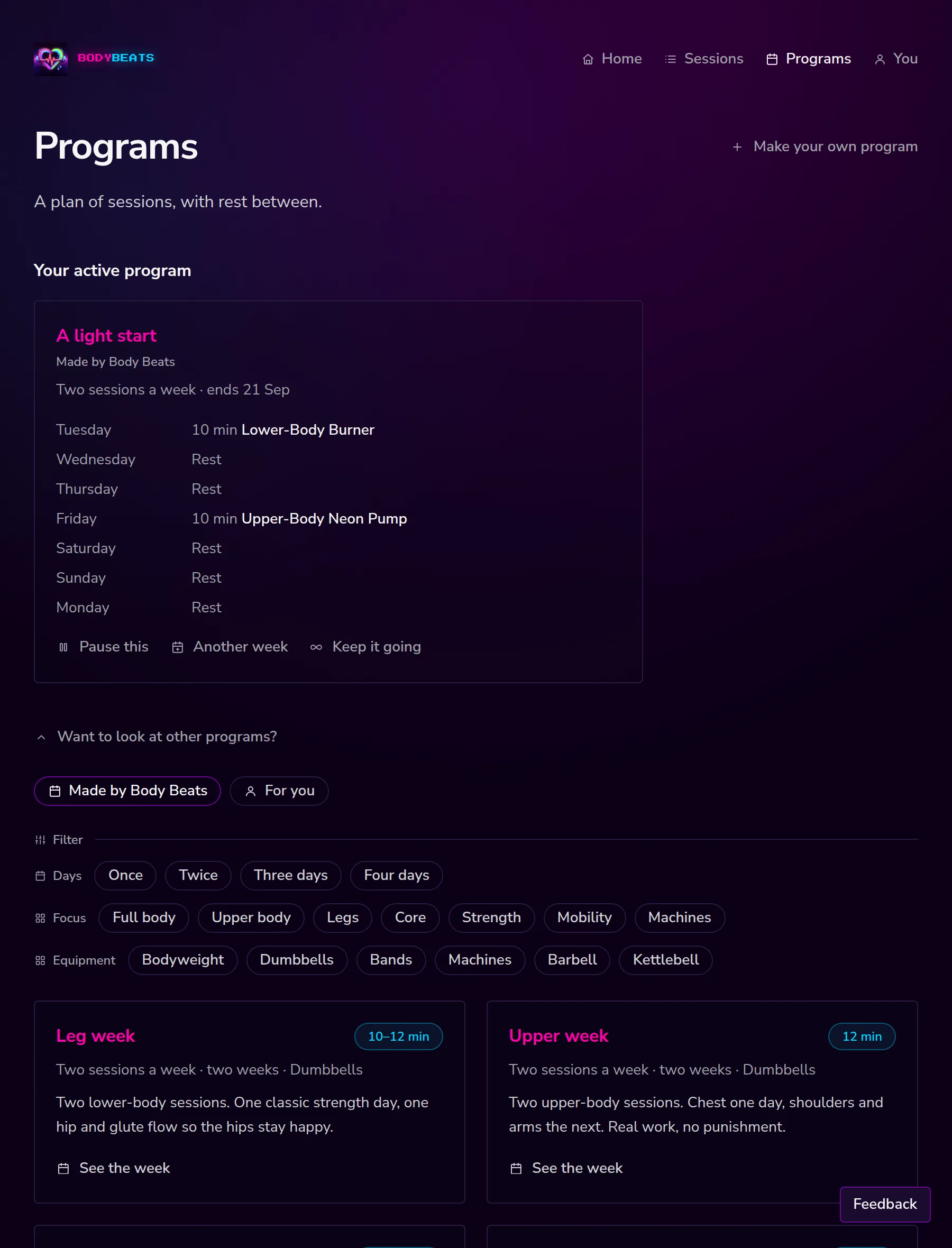 The program library with filters for days, focus and equipment, and a grid of program cards.
