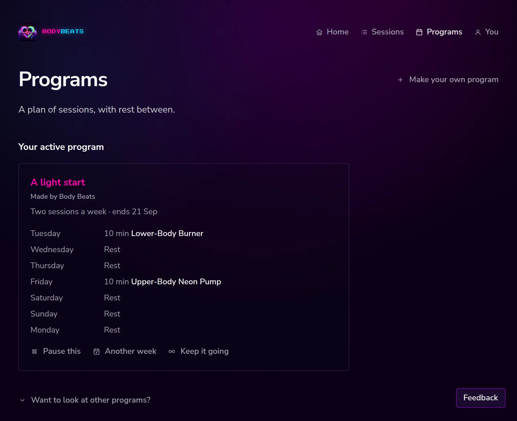 The Programs page showing an active program called A light start with a seven-day week listing sessions and rest.