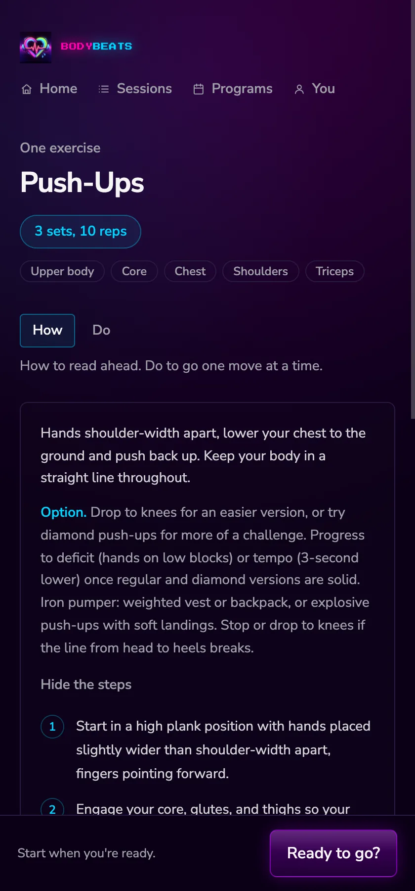 The One exercise page showing Push-Ups with a prescription chip and step-by-step instructions.