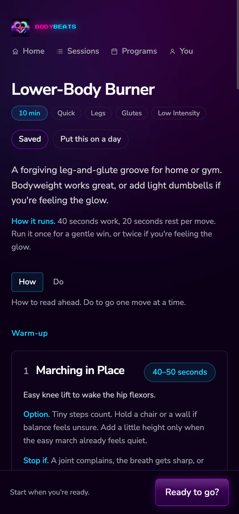 A session in How mode, showing the title, length chip, session format and the first move.