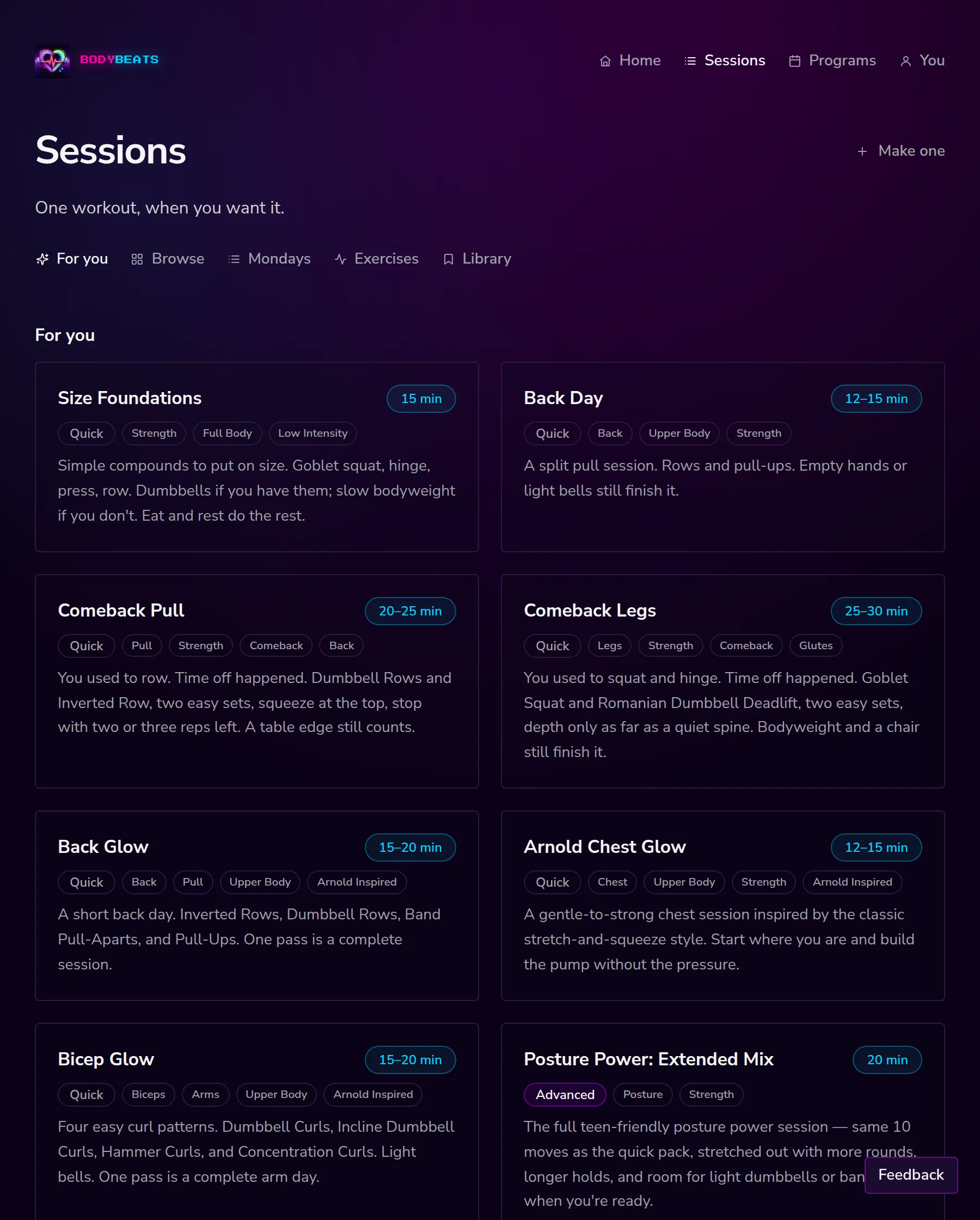 The Sessions page on the For you tab, with cards showing session titles, tags and length chips.