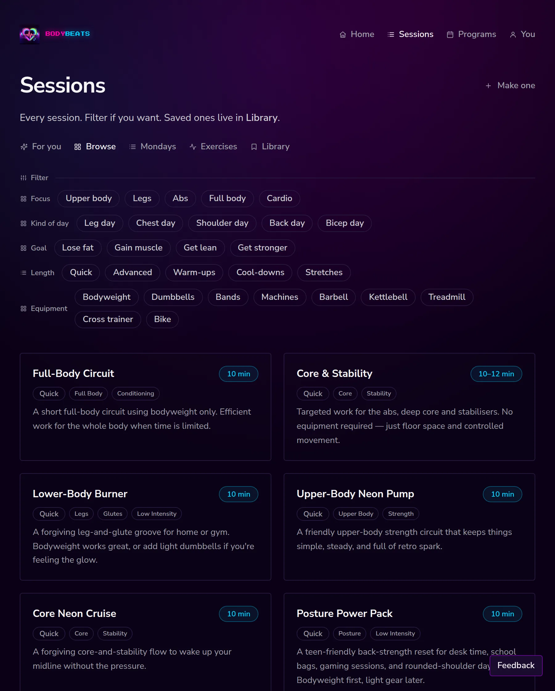 The Browse tab with filters for focus, kind of day, goal, length and equipment.