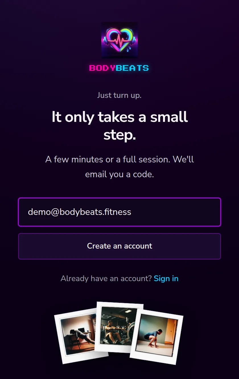 The Create an account screen with an email field and a Create an account button.