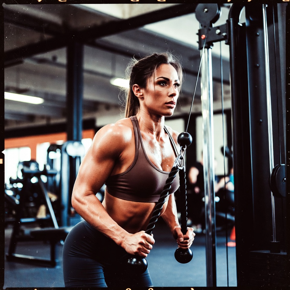 Woman doing tricep extensions on a machine
