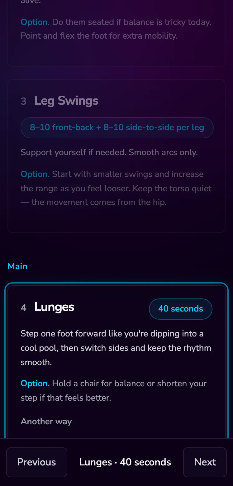 A Body Beats session on a phone: the current move, Lunges for 40 seconds, lit up, with Previous and Next at the bottom.